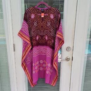 Raj Pink Purple & Gold Patterned Cotton Kaftan Cover Up Mumu One Size Fits Most